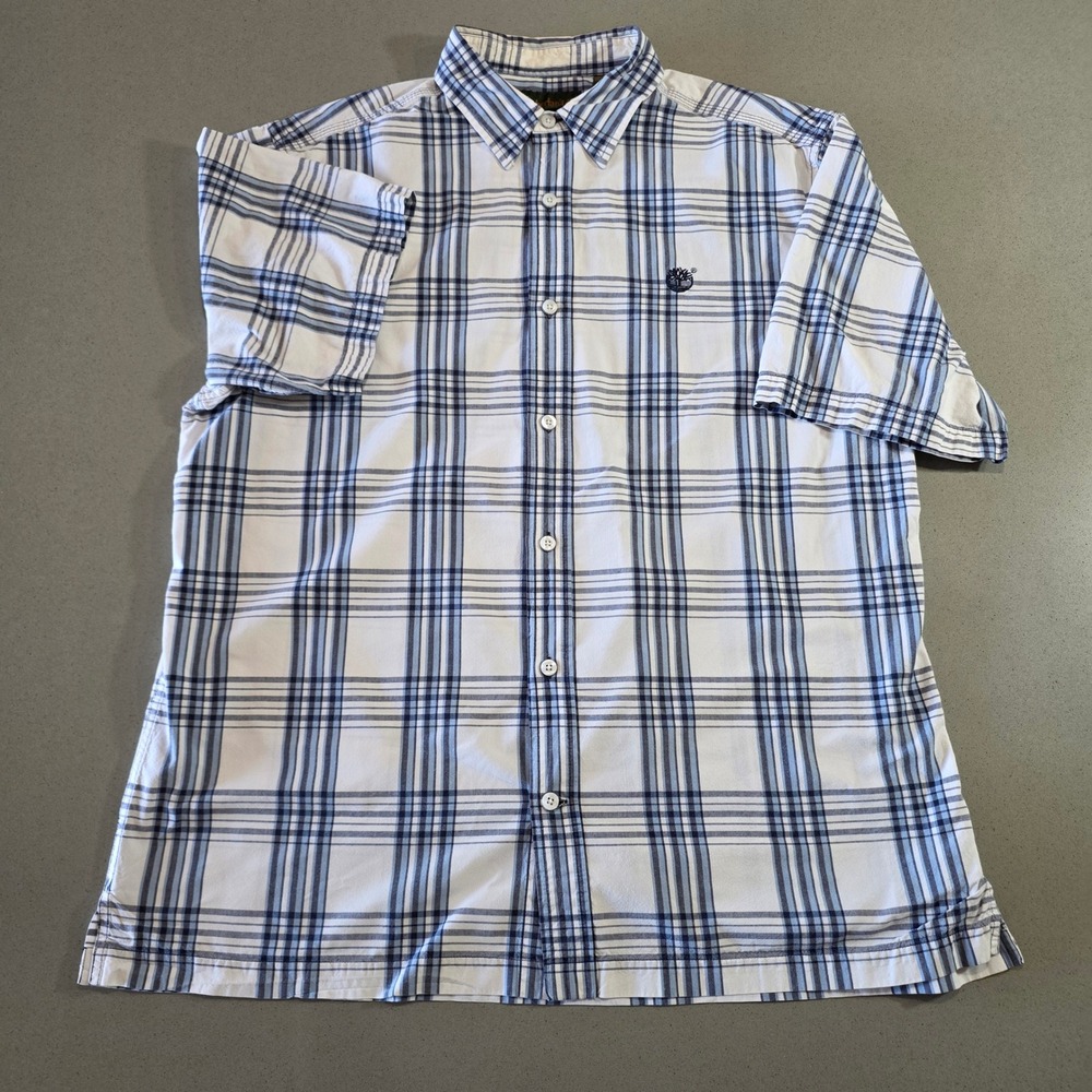 Timberland Mens XL Short Sleeve Plaid Button Down Shirt Blue White Cotton